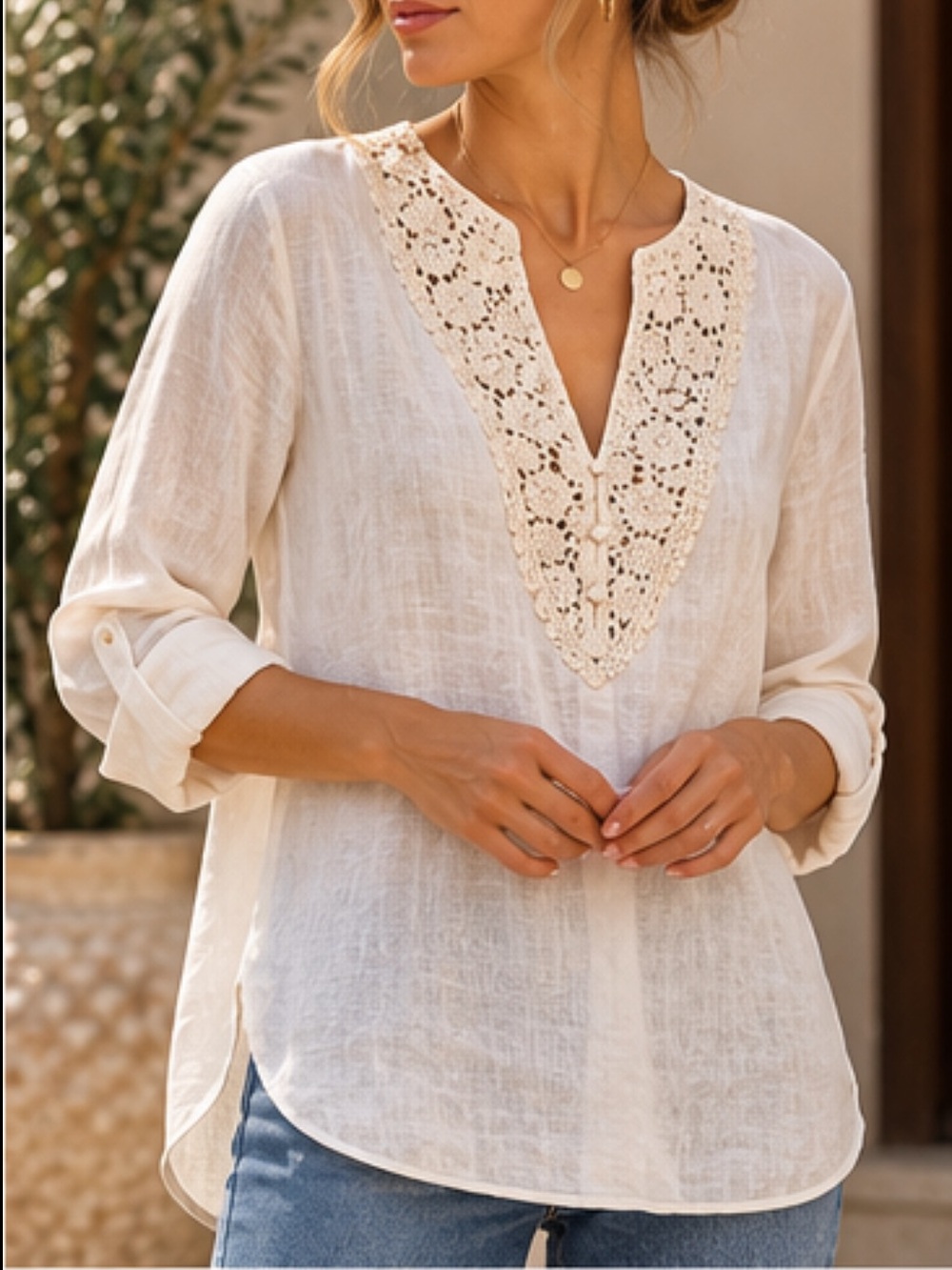 Zara Cream Crochet V-Neck Long-Sleeve Blouse